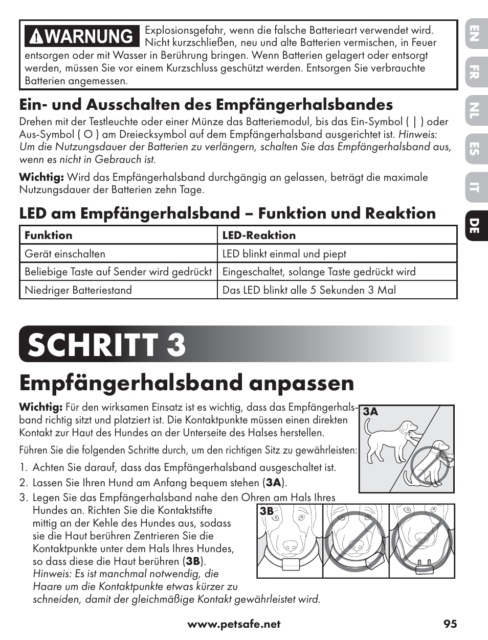 Schritt 3, Empfängerhalsband anpassen, Ein- und ausschalten des empfängerhalsbandes | Led am empfängerhalsband – funktion und reaktion | Petsafe ST-70, 70 m Basic Remote Trainer User Manual | Page 95 / 108