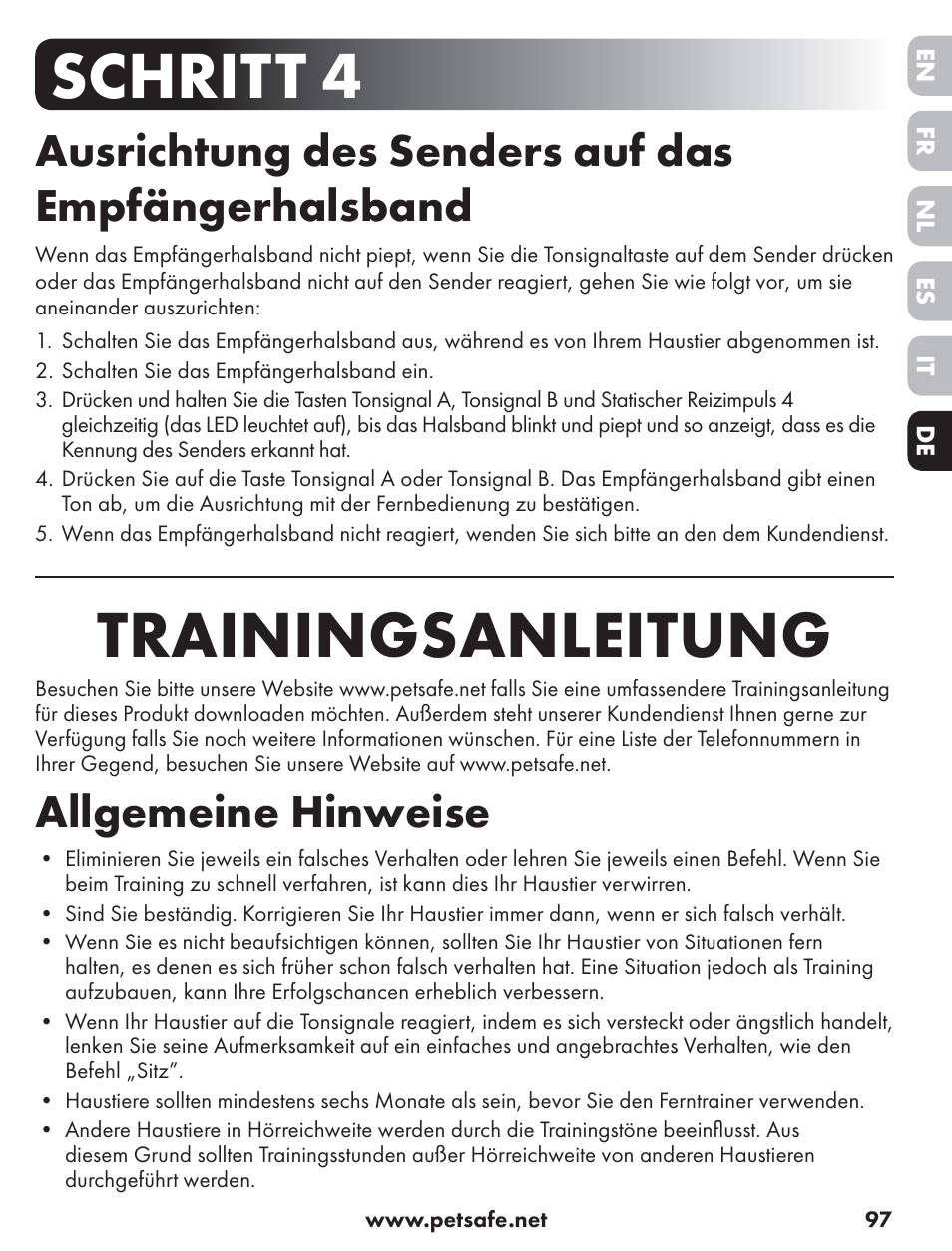 Schritt 4, Trainingsanleitung, Ausrichtung des senders auf das empfängerhalsband | Allgemeine hinweise | Petsafe ST-70, 70 m Basic Remote Trainer User Manual | Page 97 / 108