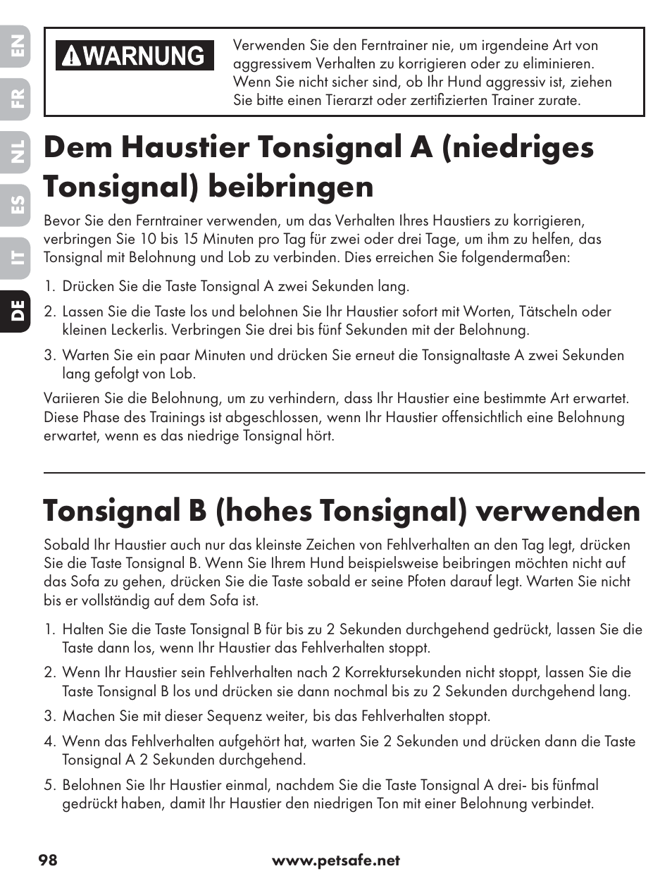 Tonsignal b (hohes tonsignal) verwenden | Petsafe ST-70, 70 m Basic Remote Trainer User Manual | Page 98 / 108
