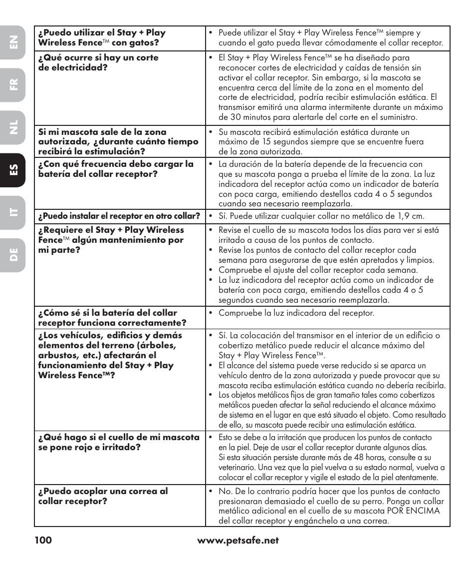En es fr it nl de | Petsafe Stay+Play Wireless Fence PIF17-13478 User Manual | Page 100 / 160