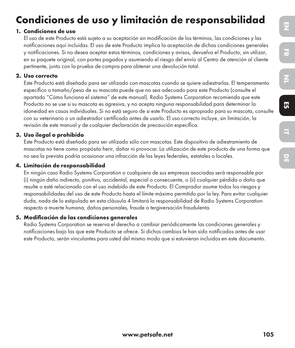 Condiciones de uso y limitación de responsabilidad | Petsafe Stay+Play Wireless Fence PIF17-13478 User Manual | Page 105 / 160