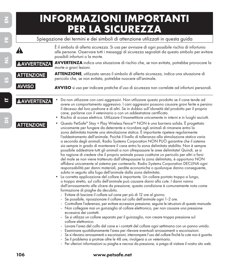 Informazioni importanti per la sicurezza | Petsafe Stay+Play Wireless Fence PIF17-13478 User Manual | Page 106 / 160