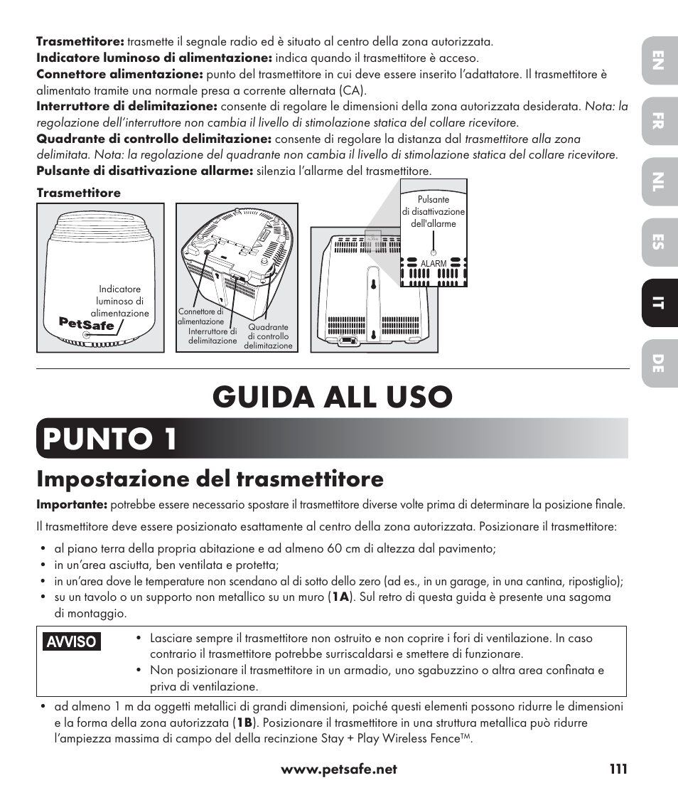 Guida all uso punto 1, Impostazione del trasmettitore, De nl it fr es en | Petsafe Stay+Play Wireless Fence PIF17-13478 User Manual | Page 111 / 160