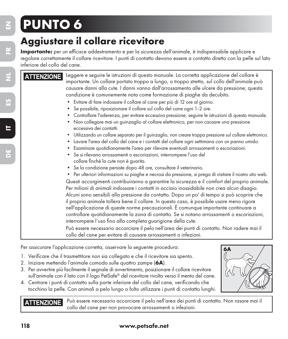Punto 6, Aggiustare il collare ricevitore | Petsafe Stay+Play Wireless Fence PIF17-13478 User Manual | Page 118 / 160