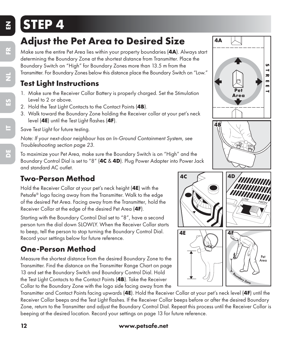 Step 4, Adjust the pet area to desired size, Test light instructions | Two-person method, One-person method, En es fr it nl de | Petsafe Stay+Play Wireless Fence PIF17-13478 User Manual | Page 12 / 160