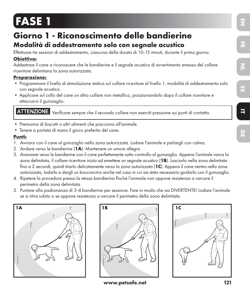 Fase 1, Giorno 1 - riconoscimento delle bandierine | Petsafe Stay+Play Wireless Fence PIF17-13478 User Manual | Page 121 / 160