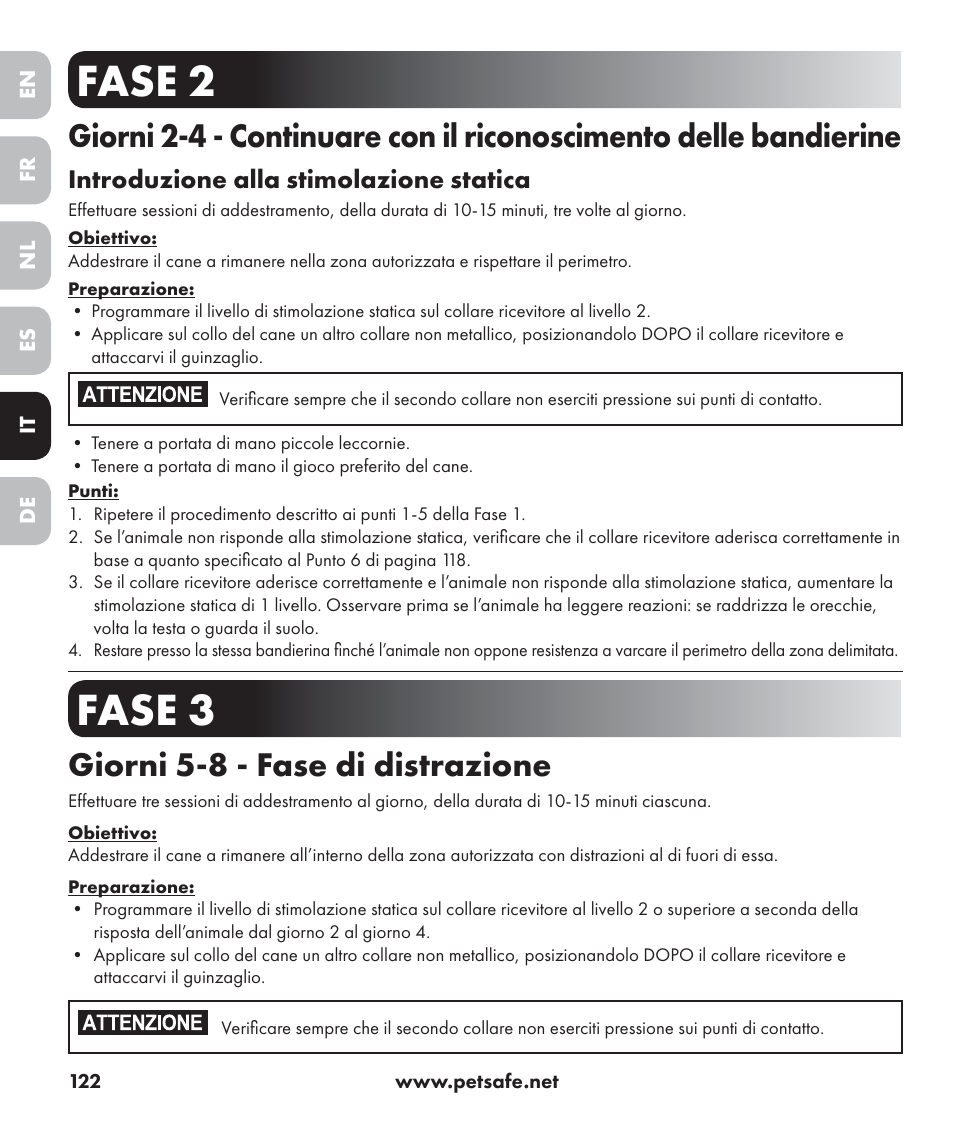 Fase 2, Fase 3, Giorni 5-8 - fase di distrazione | Petsafe Stay+Play Wireless Fence PIF17-13478 User Manual | Page 122 / 160