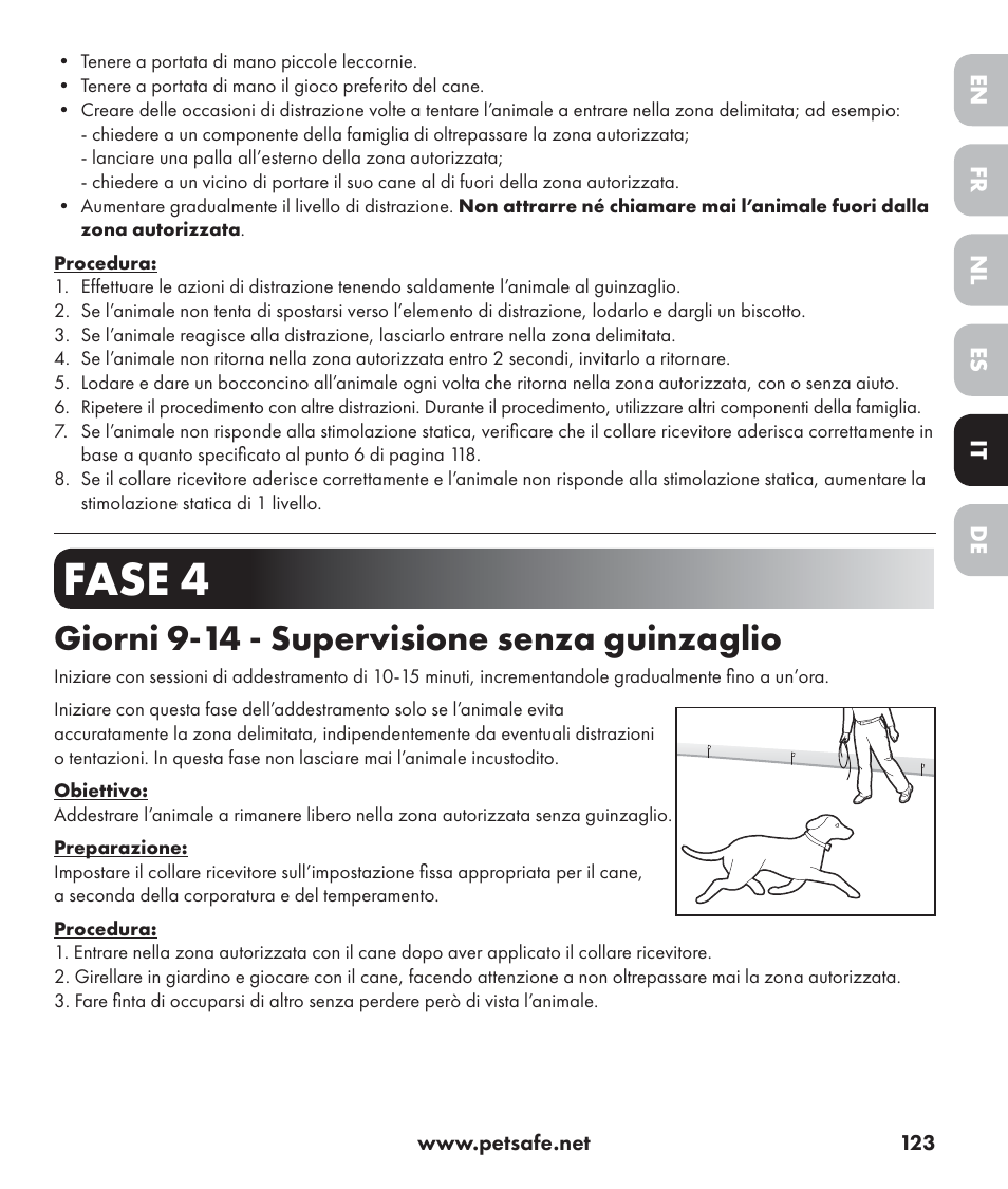 Fase 4, Giorni 9-14 - supervisione senza guinzaglio | Petsafe Stay+Play Wireless Fence PIF17-13478 User Manual | Page 123 / 160