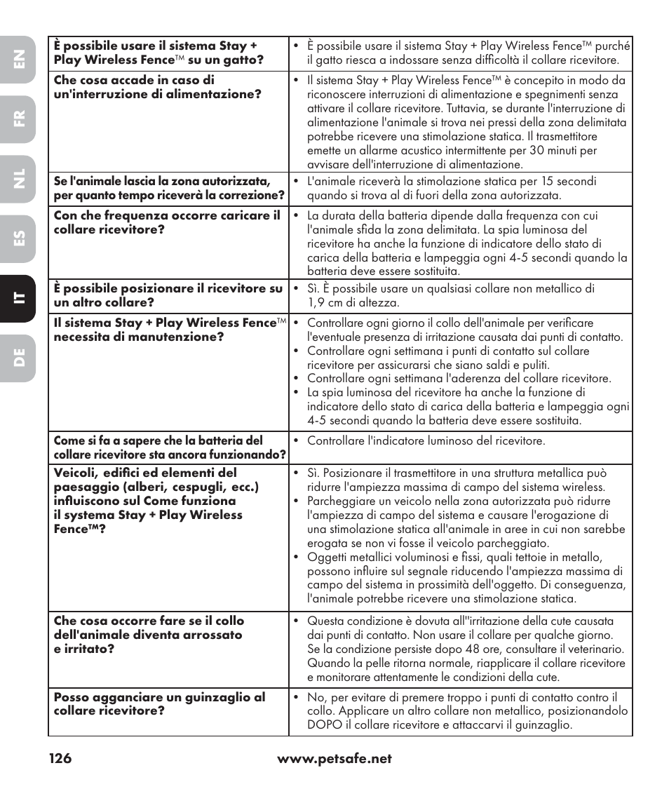 En es fr it nl de | Petsafe Stay+Play Wireless Fence PIF17-13478 User Manual | Page 126 / 160