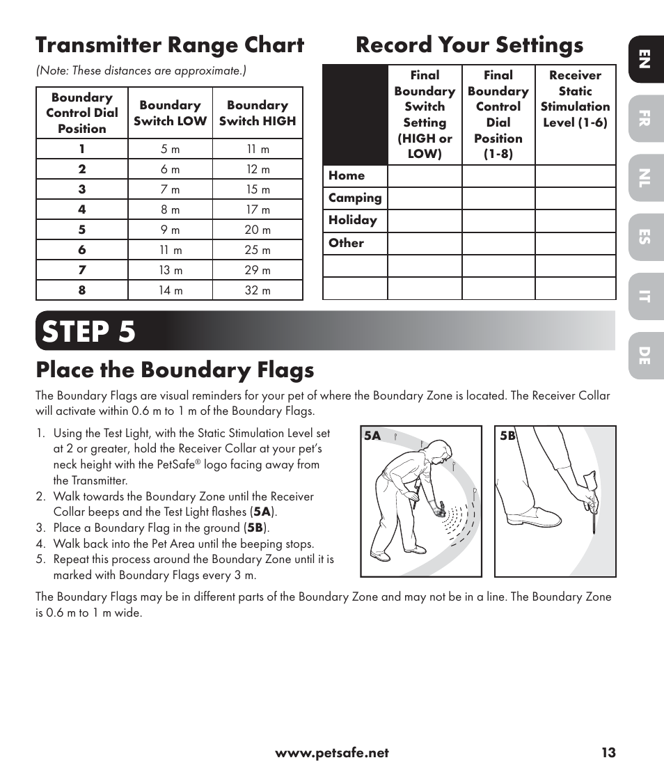Step 5, Transmitter range chart, Record your settings | Place the boundary flags | Petsafe Stay+Play Wireless Fence PIF17-13478 User Manual | Page 13 / 160