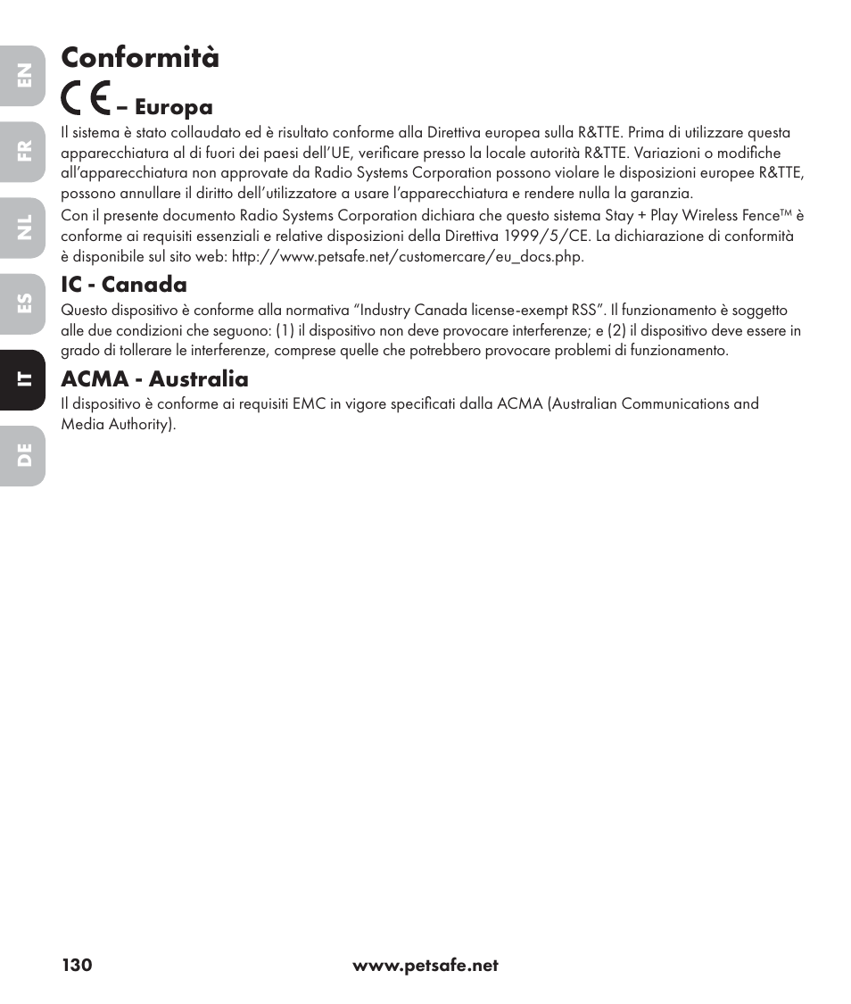 Conformità, Europa, Ic - canada | Acma - australia | Petsafe Stay+Play Wireless Fence PIF17-13478 User Manual | Page 130 / 160