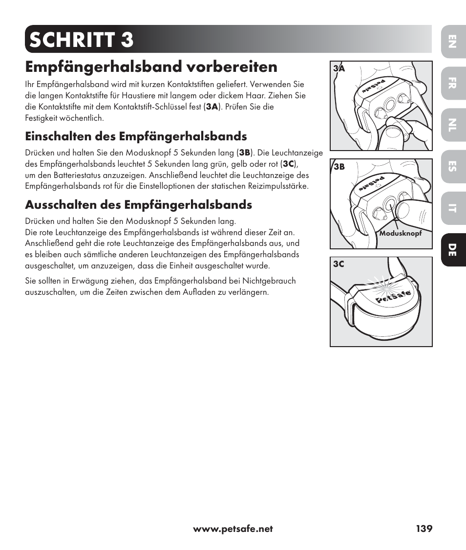 Schritt 3, Empfängerhalsband vorbereiten, Einschalten des empfängerhalsbands | Ausschalten des empfängerhalsbands | Petsafe Stay+Play Wireless Fence PIF17-13478 User Manual | Page 139 / 160