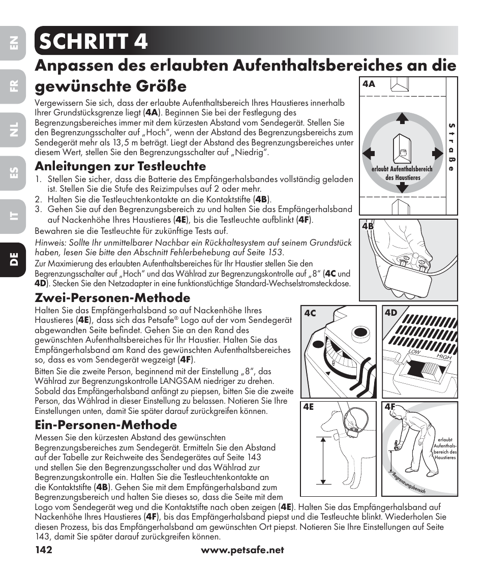 Schritt 4, Anleitungen zur testleuchte, Zwei-personen-methode | Ein-personen-methode, En es fr it nl de | Petsafe Stay+Play Wireless Fence PIF17-13478 User Manual | Page 142 / 160