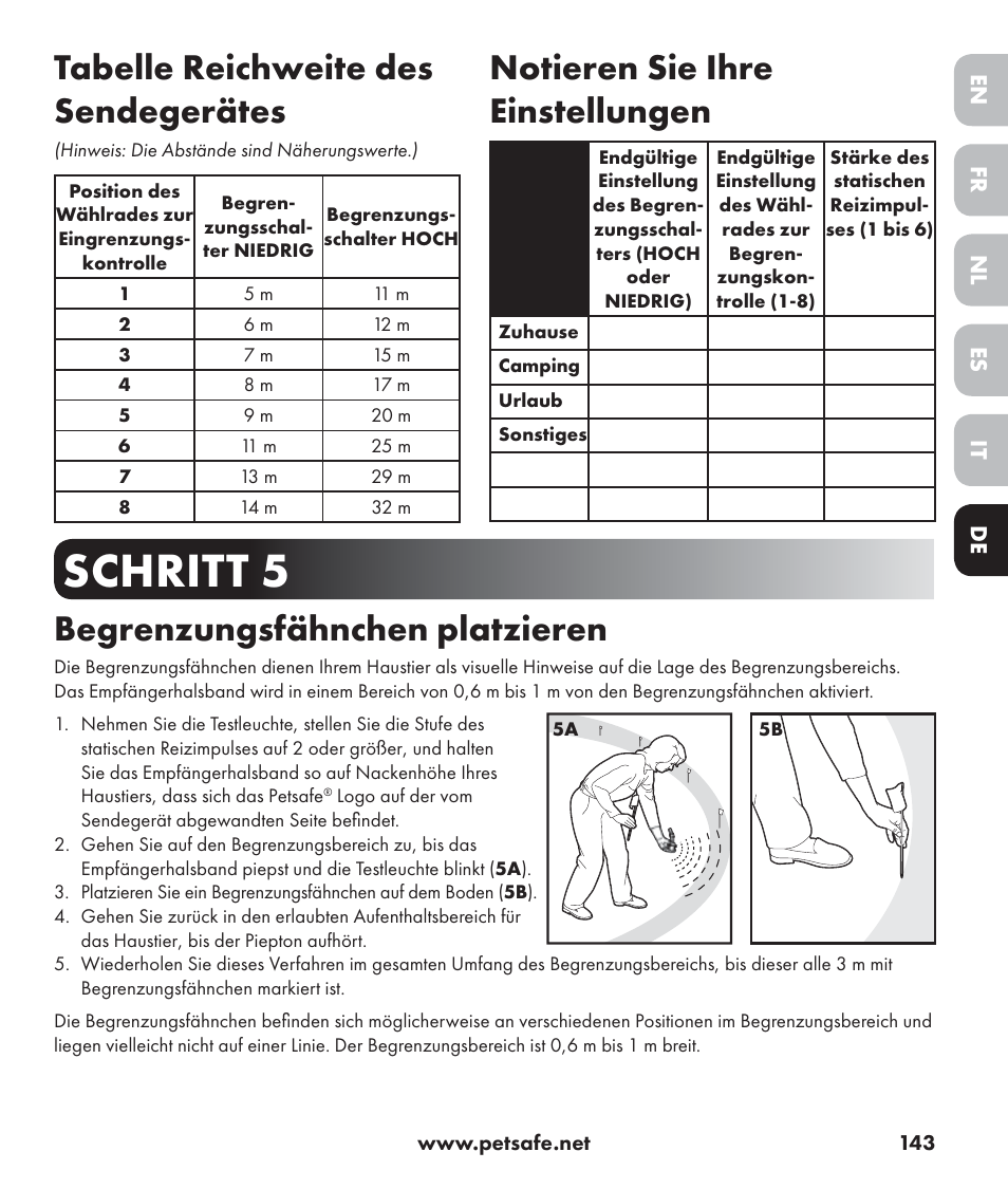 Schritt 5, Tabelle reichweite des sendegerätes, Notieren sie ihre einstellungen | Begrenzungsfähnchen platzieren | Petsafe Stay+Play Wireless Fence PIF17-13478 User Manual | Page 143 / 160