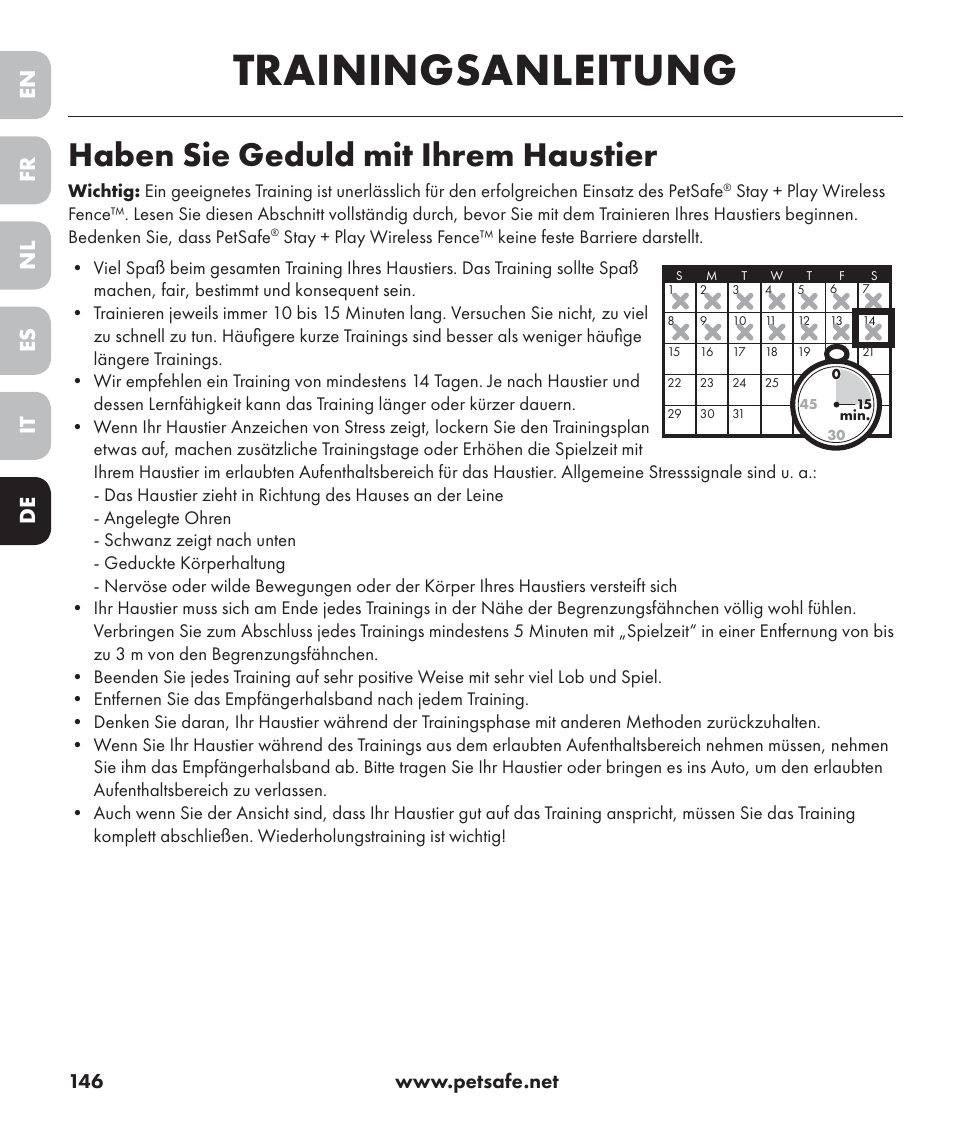 Trainingsanleitung, Haben sie geduld mit ihrem haustier, En es fr it nl de | Petsafe Stay+Play Wireless Fence PIF17-13478 User Manual | Page 146 / 160