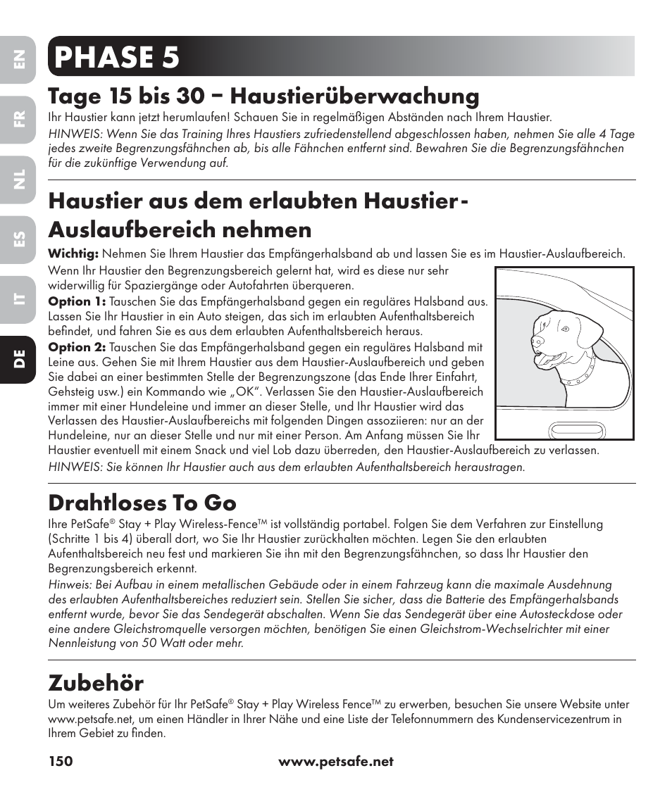 Phase 5, Tage 15 bis 30 ‒ haustierüberwachung, Drahtloses to go | Zubehör | Petsafe Stay+Play Wireless Fence PIF17-13478 User Manual | Page 150 / 160