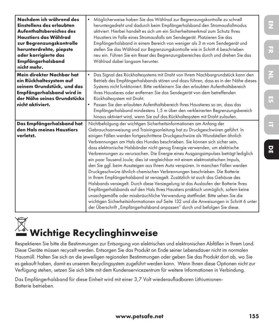 Wichtige recyclinghinweise, De nl it fr es en | Petsafe Stay+Play Wireless Fence PIF17-13478 User Manual | Page 155 / 160