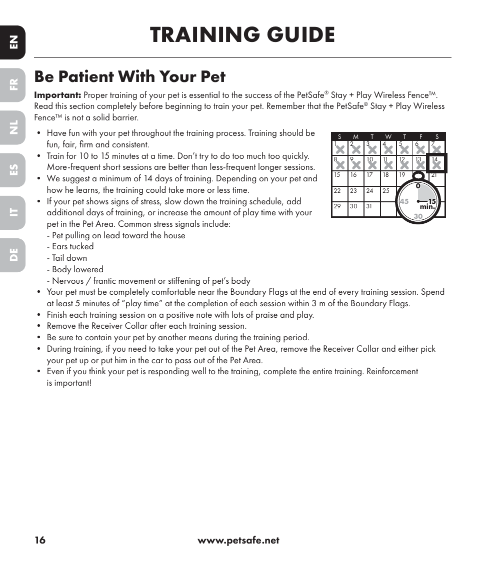 Training guide, Be patient with your pet, En es fr it nl de | Petsafe Stay+Play Wireless Fence PIF17-13478 User Manual | Page 16 / 160