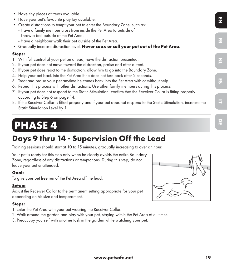 Phase 4, Days 9 thru 14 - supervision off the lead | Petsafe Stay+Play Wireless Fence PIF17-13478 User Manual | Page 19 / 160