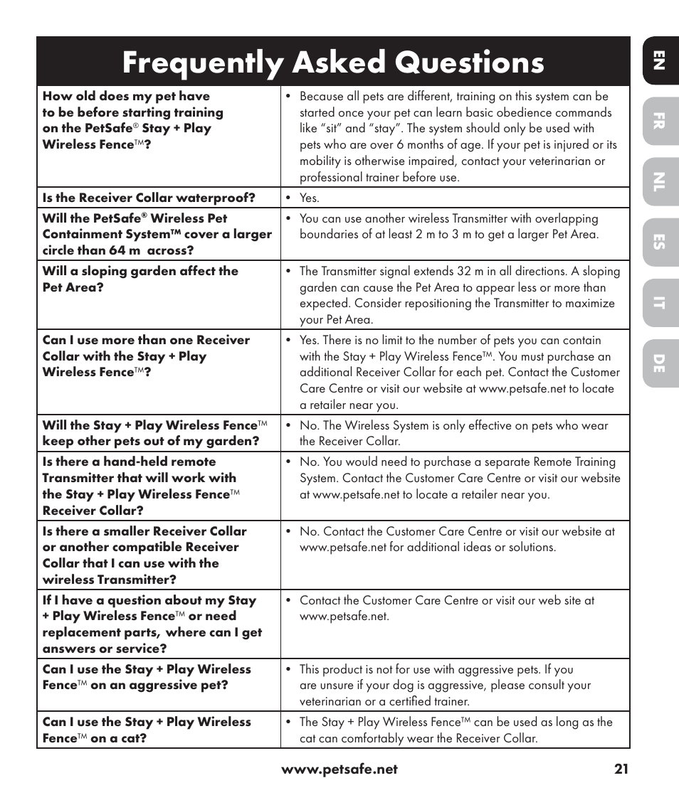 Frequently asked questions | Petsafe Stay+Play Wireless Fence PIF17-13478 User Manual | Page 21 / 160