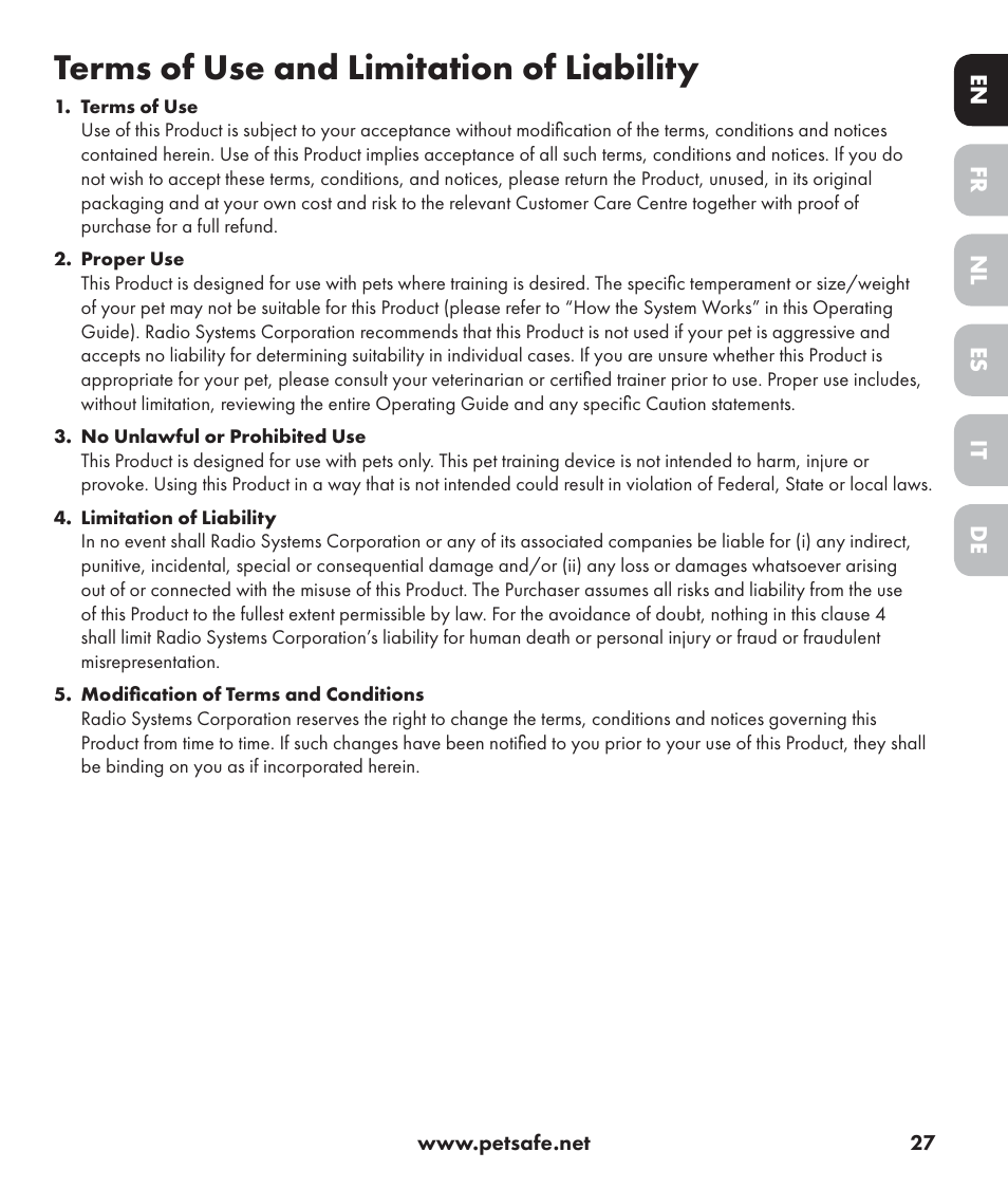 Terms of use and limitation of liability | Petsafe Stay+Play Wireless Fence PIF17-13478 User Manual | Page 27 / 160