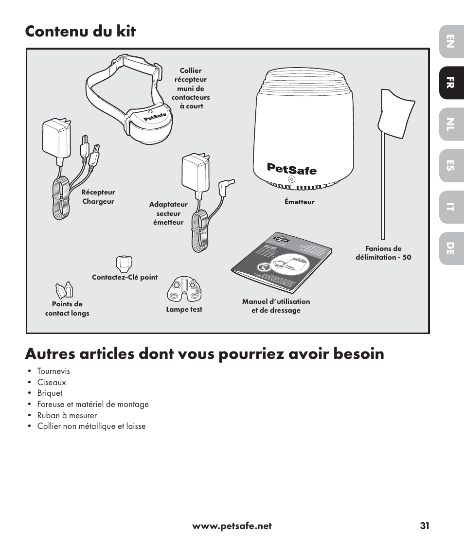 Contenu du kit, Autres articles dont vous pourriez avoir besoin, De nl it fr es en | Petsafe Stay+Play Wireless Fence PIF17-13478 User Manual | Page 31 / 160