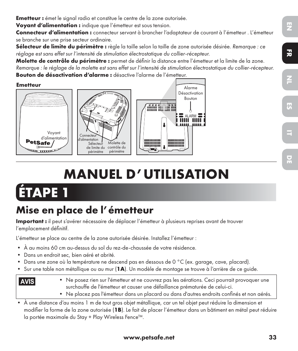 Manuel d’utilisation étape 1, Mise en place de l’émetteur, De nl it fr es en | Petsafe Stay+Play Wireless Fence PIF17-13478 User Manual | Page 33 / 160