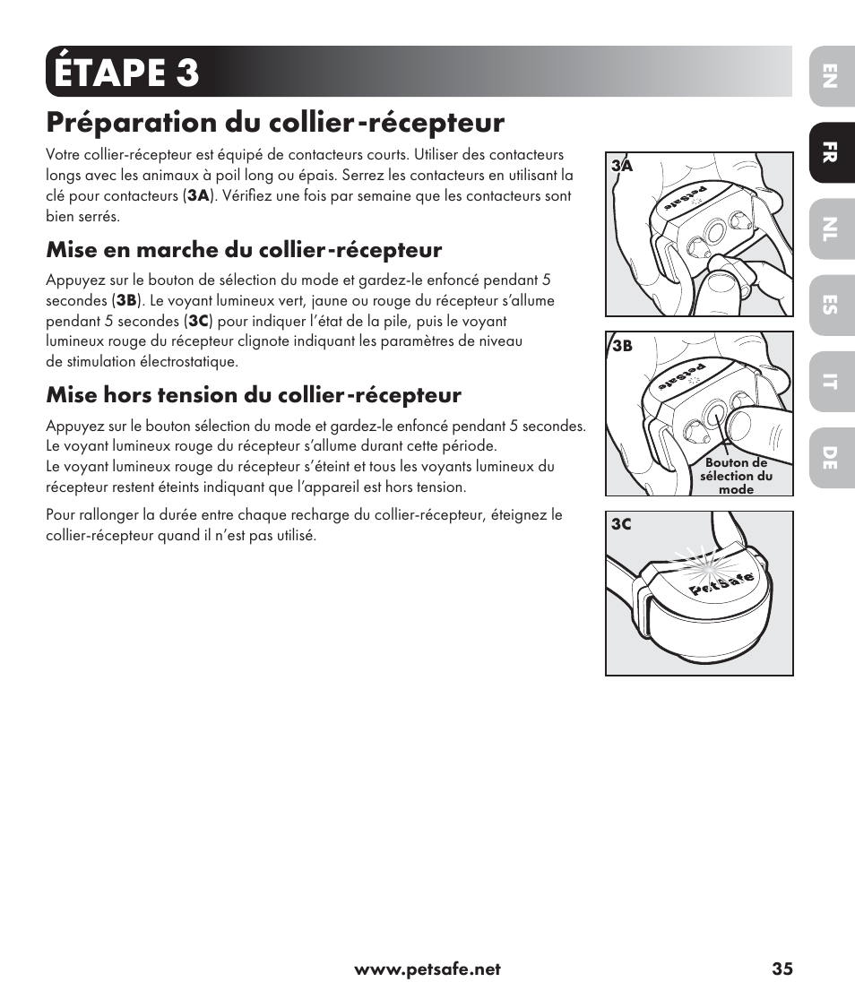 Étape 3, Préparation du collier-récepteur, Mise en marche du collier-récepteur | Mise hors tension du collier-récepteur | Petsafe Stay+Play Wireless Fence PIF17-13478 User Manual | Page 35 / 160