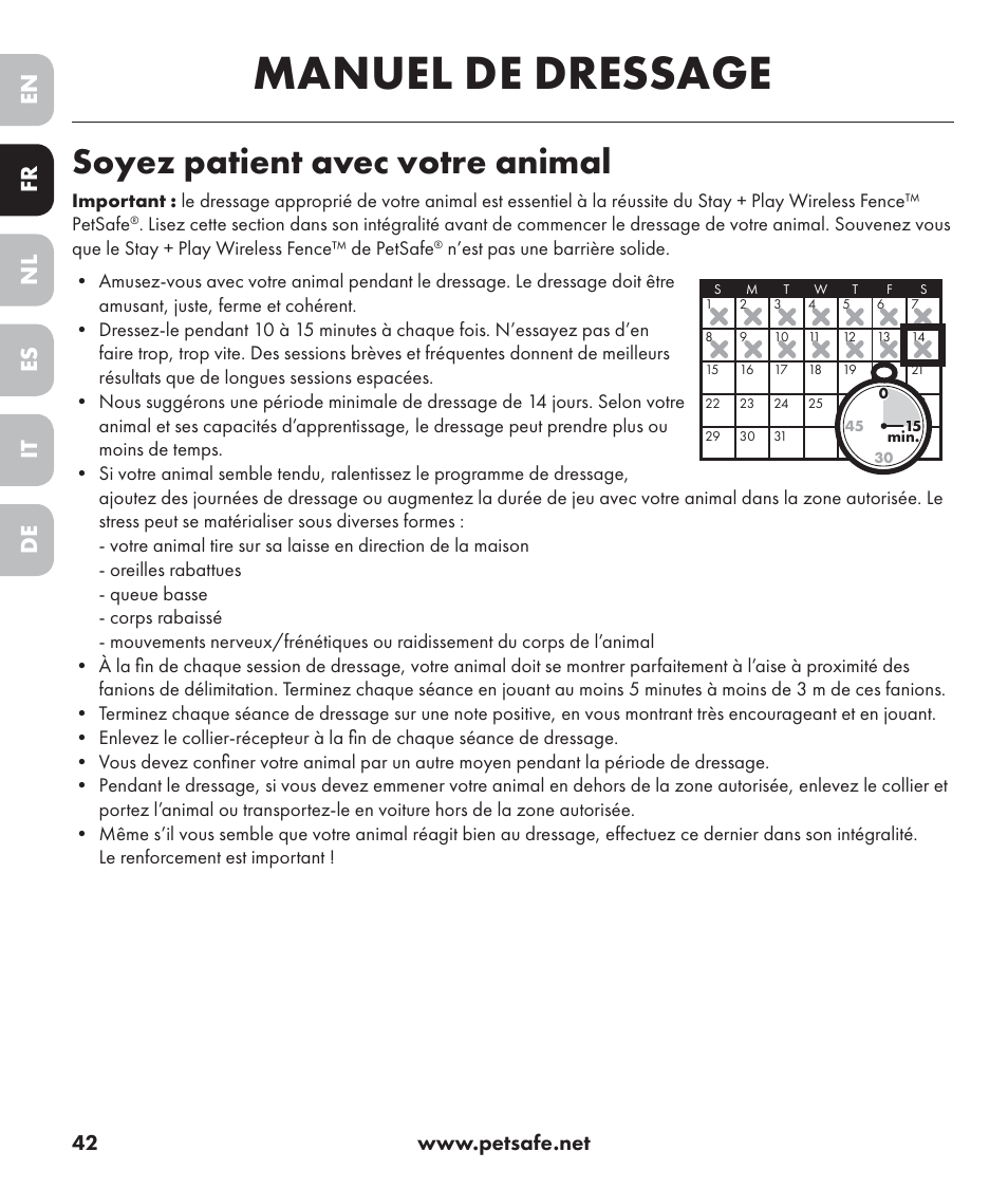 Manuel de dressage, Soyez patient avec votre animal, En es fr it nl de | Petsafe Stay+Play Wireless Fence PIF17-13478 User Manual | Page 42 / 160