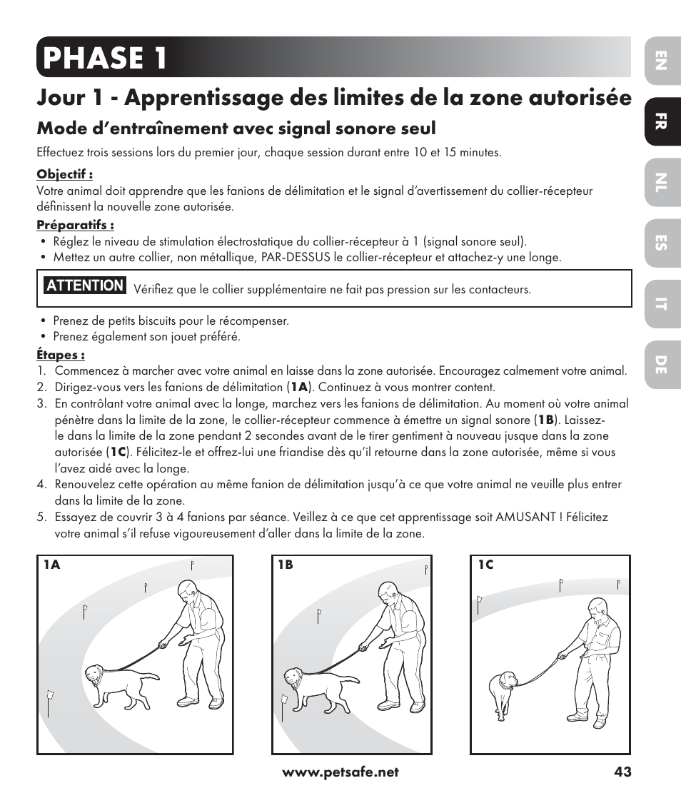 Phase 1, Mode d’entraînement avec signal sonore seul | Petsafe Stay+Play Wireless Fence PIF17-13478 User Manual | Page 43 / 160