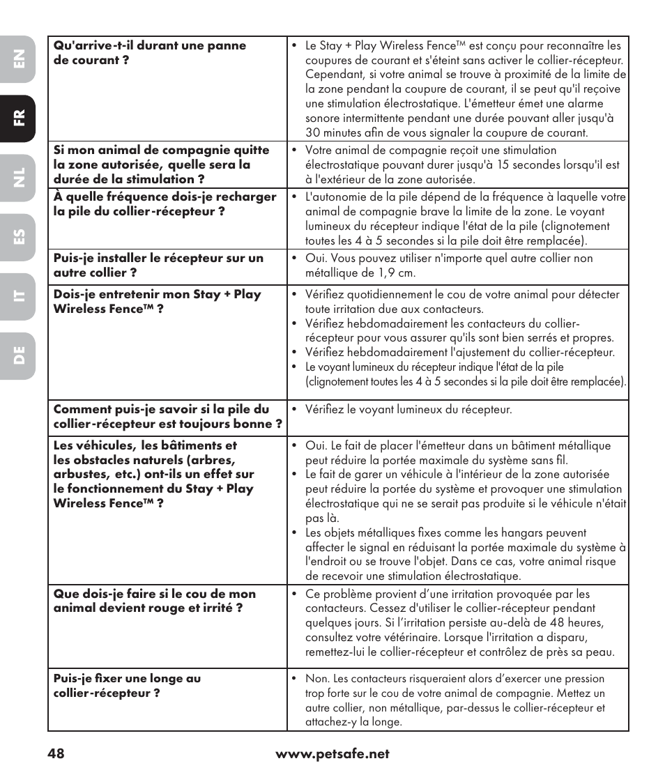 En es fr it nl de | Petsafe Stay+Play Wireless Fence PIF17-13478 User Manual | Page 48 / 160