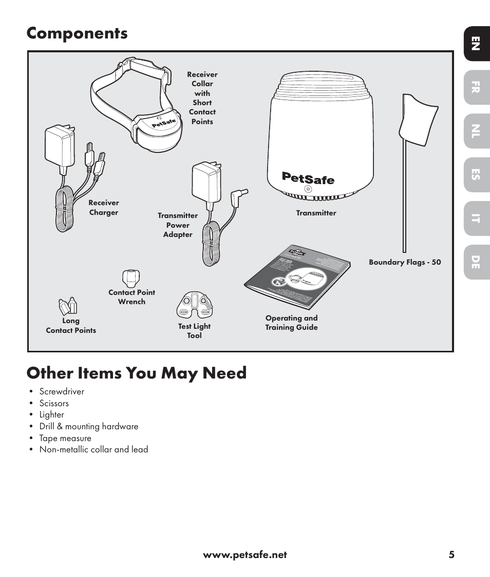 Components, Other items you may need, De nl it fr es en | Petsafe Stay+Play Wireless Fence PIF17-13478 User Manual | Page 5 / 160
