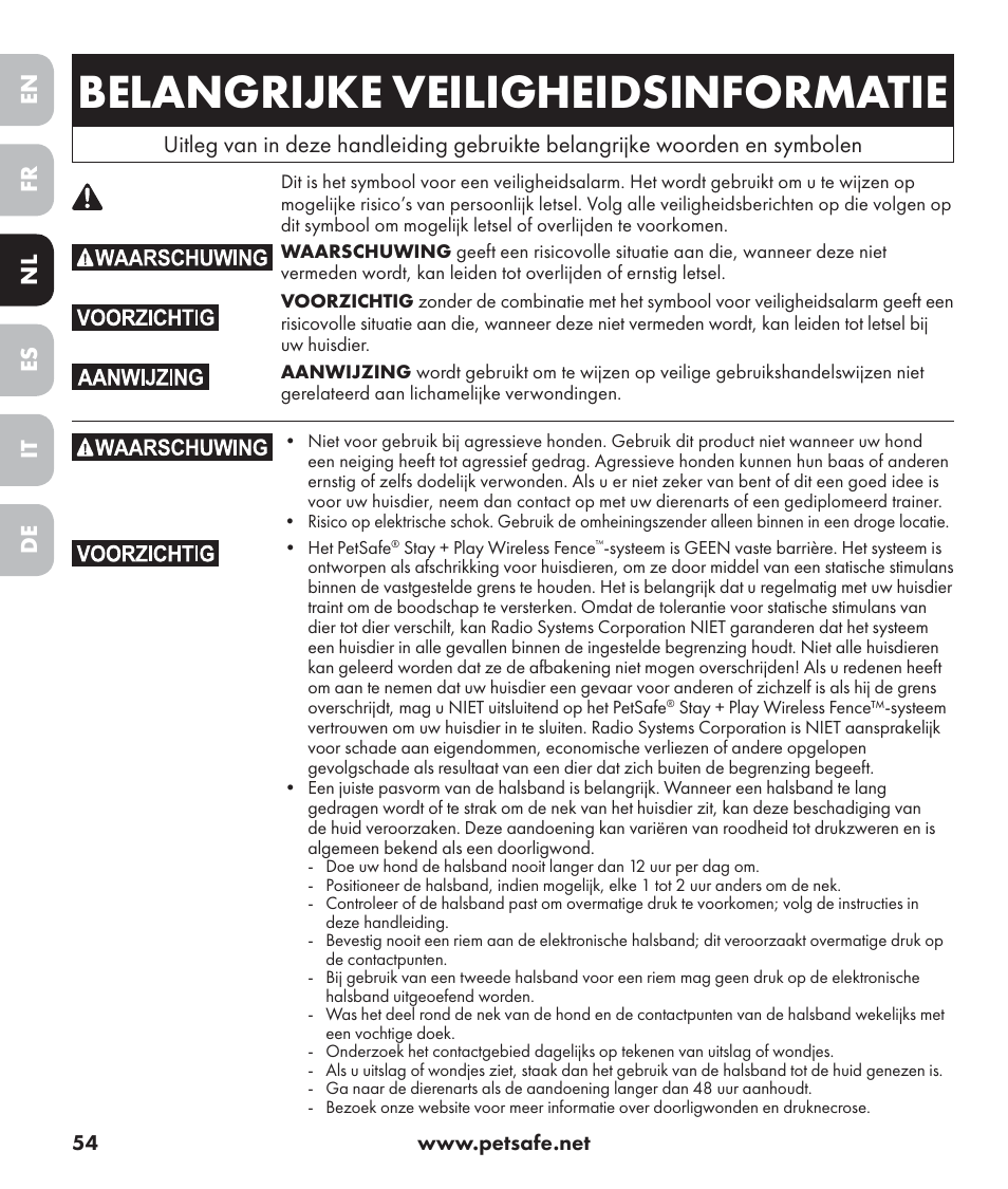 Belangrijke veiligheidsinformatie, En es fr it nl de | Petsafe Stay+Play Wireless Fence PIF17-13478 User Manual | Page 54 / 160