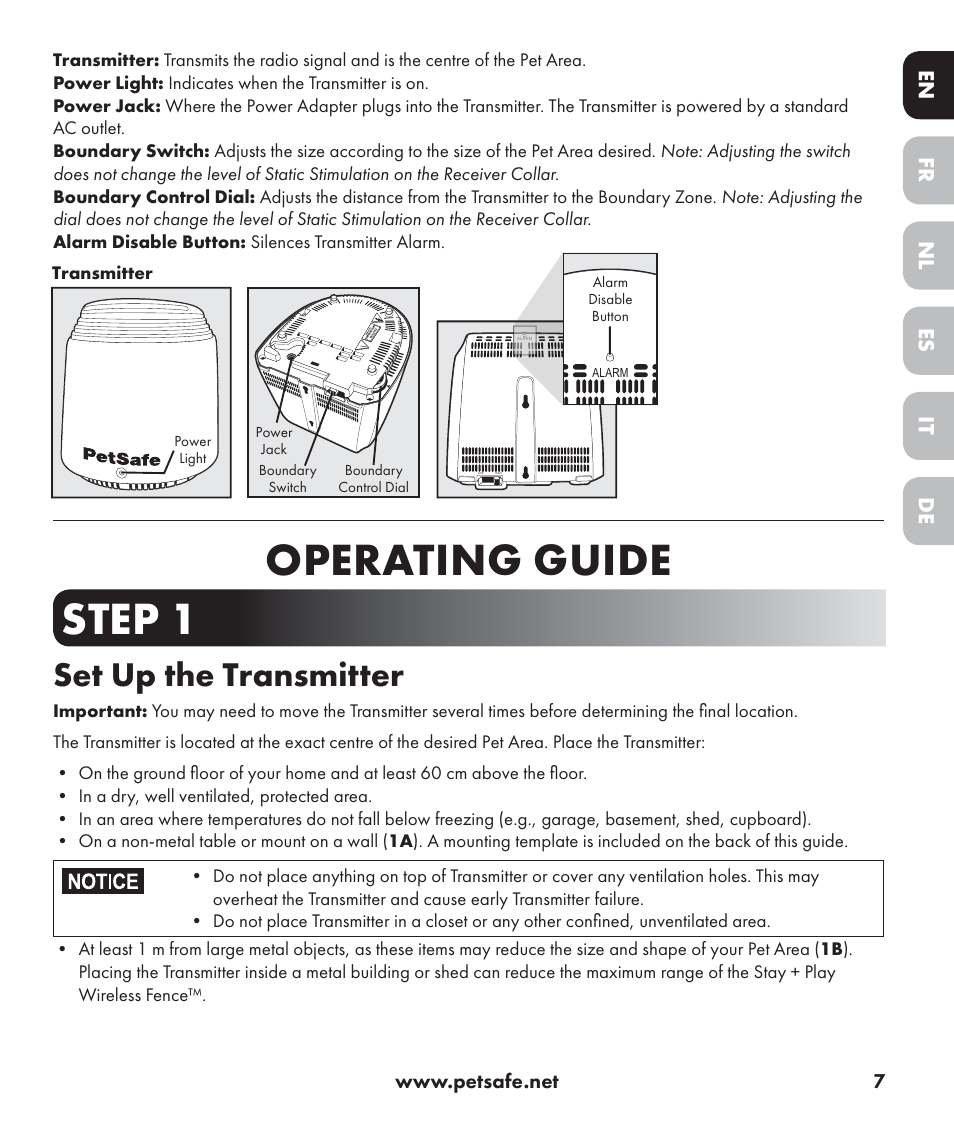 Operating guide step 1, Set up the transmitter, De nl it fr es en | Petsafe Stay+Play Wireless Fence PIF17-13478 User Manual | Page 7 / 160