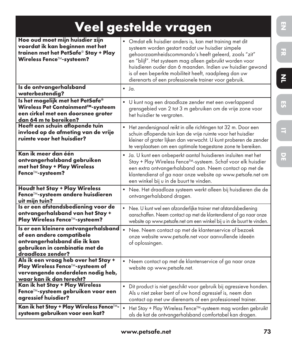 Veel gestelde vragen, De nl it fr es en | Petsafe Stay+Play Wireless Fence PIF17-13478 User Manual | Page 73 / 160