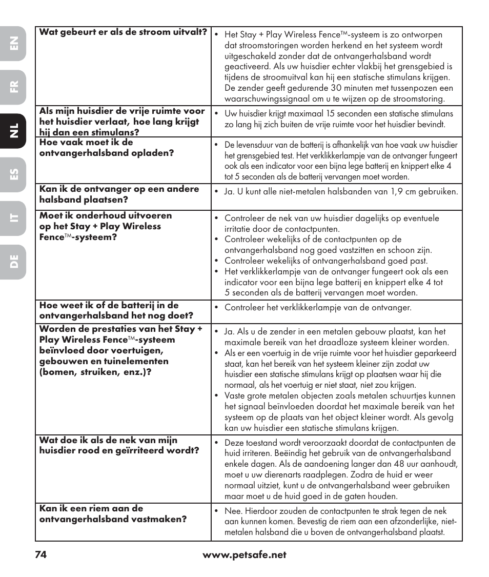 En es fr it nl de | Petsafe Stay+Play Wireless Fence PIF17-13478 User Manual | Page 74 / 160