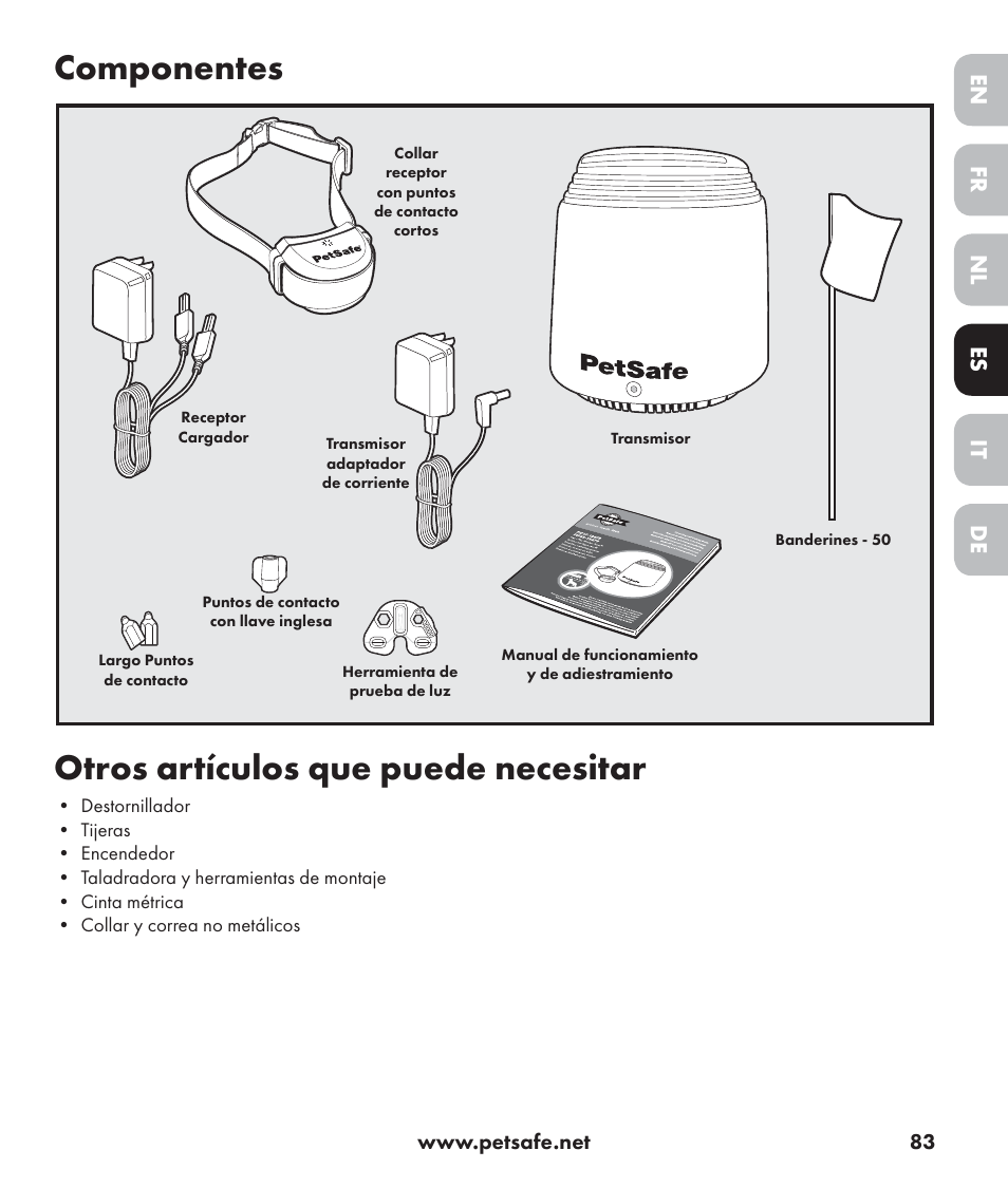 Componentes, Otros artículos que puede necesitar, De nl it fr es en | Petsafe Stay+Play Wireless Fence PIF17-13478 User Manual | Page 83 / 160