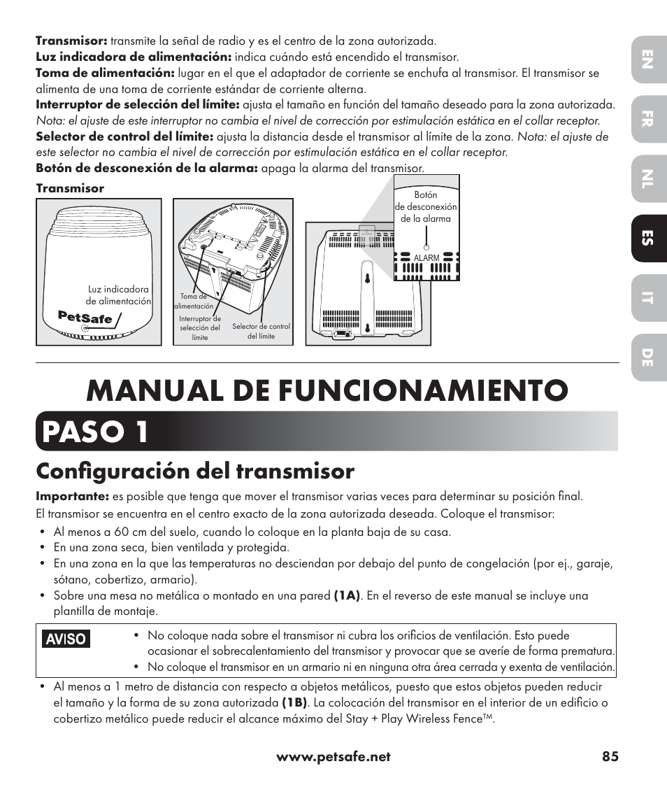 Manual de funcionamiento paso 1, Configuración del transmisor, De nl it fr es en | Petsafe Stay+Play Wireless Fence PIF17-13478 User Manual | Page 85 / 160