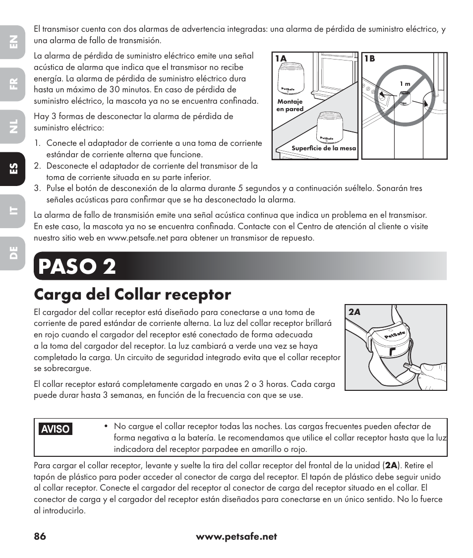 Paso 2, Carga del collar receptor | Petsafe Stay+Play Wireless Fence PIF17-13478 User Manual | Page 86 / 160