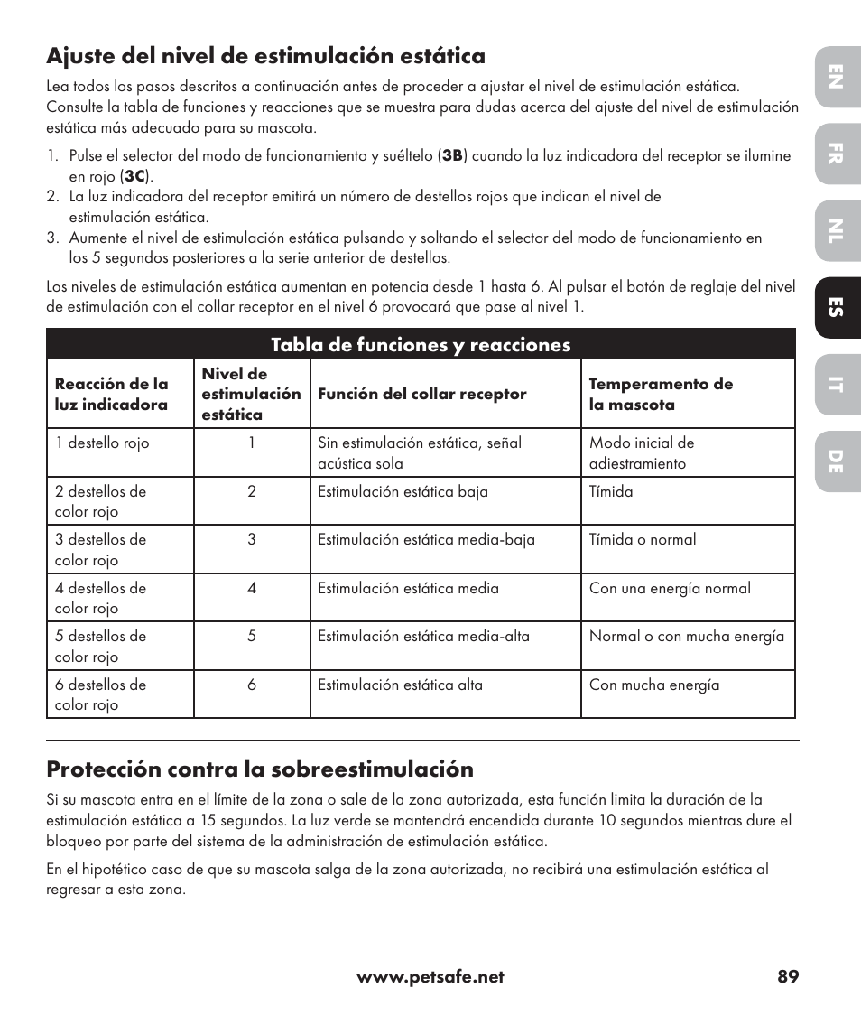 Ajuste del nivel de estimulación estática, Protección contra la sobreestimulación | Petsafe Stay+Play Wireless Fence PIF17-13478 User Manual | Page 89 / 160