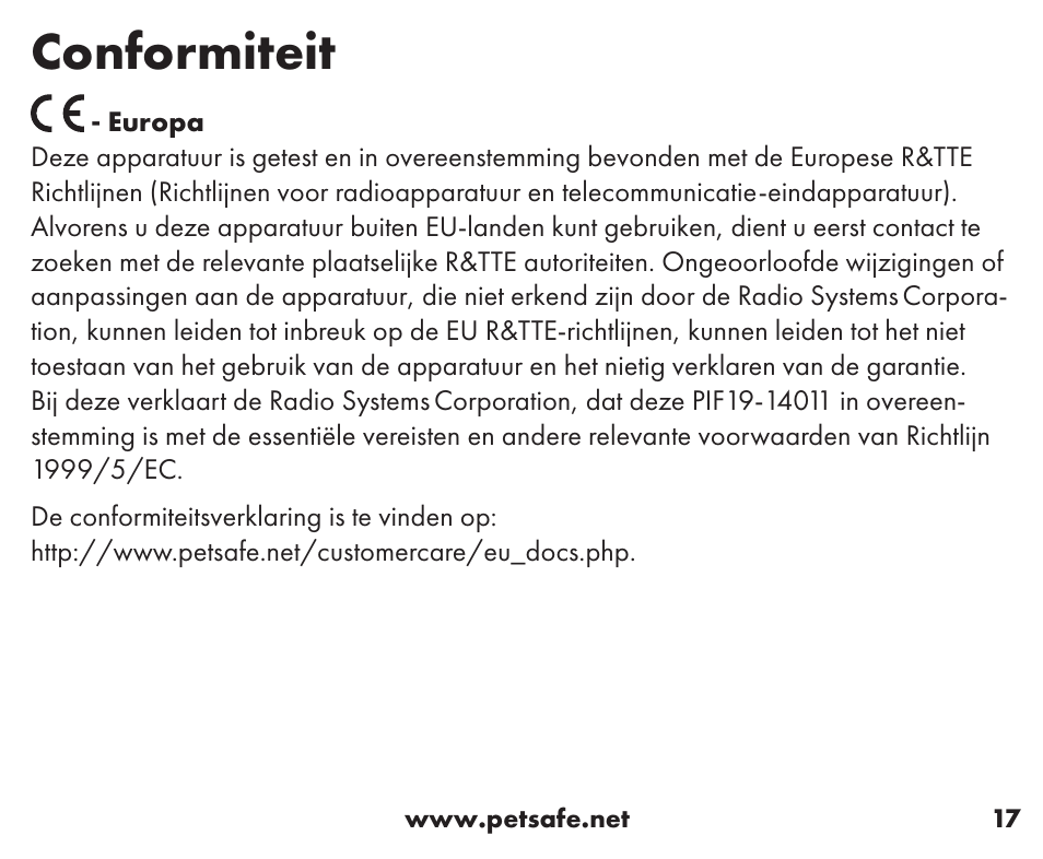 Conformiteit | Petsafe Stay+Play Wireless Fence™ Stubborn Dog Add-A-Dog® Extra Receiver Collar User Manual | Page 17 / 40