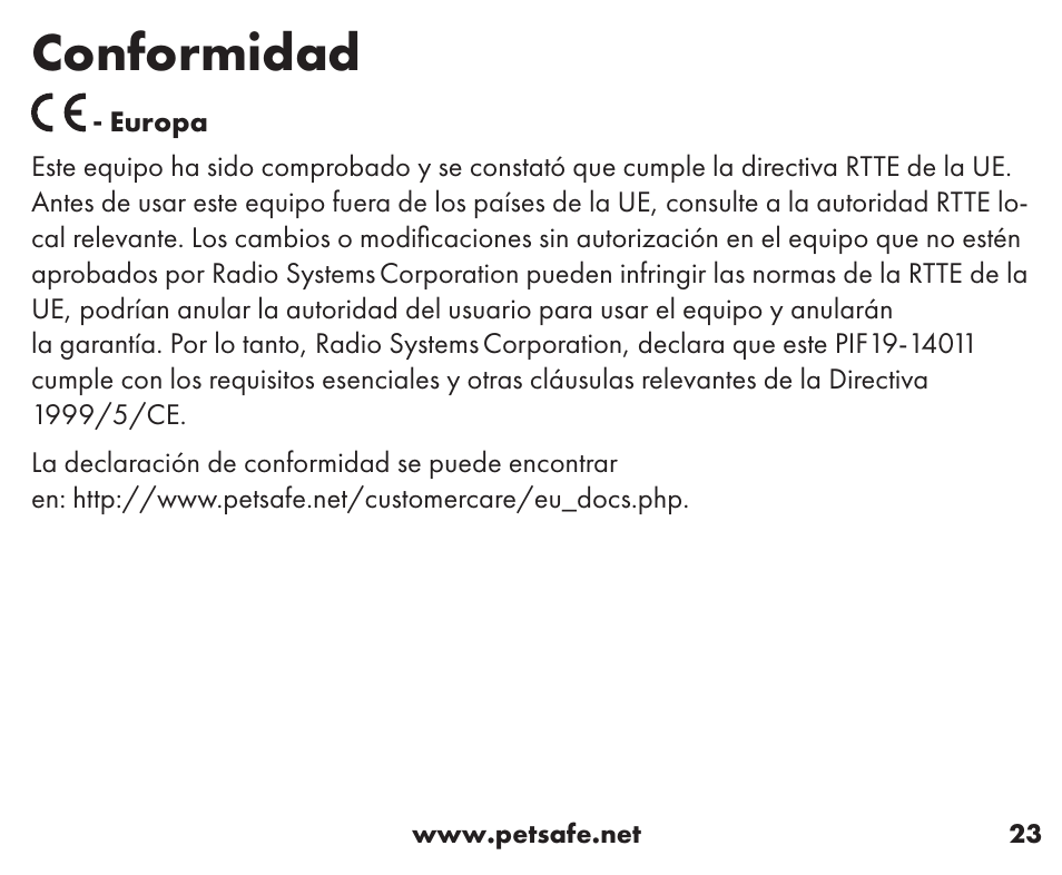 Conformidad | Petsafe Stay+Play Wireless Fence™ Stubborn Dog Add-A-Dog® Extra Receiver Collar User Manual | Page 23 / 40