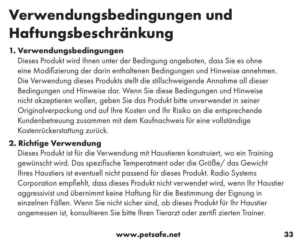 Verwendungsbedingungen und haftungsbeschränkung | Petsafe Stay+Play Wireless Fence™ Stubborn Dog Add-A-Dog® Extra Receiver Collar User Manual | Page 33 / 40