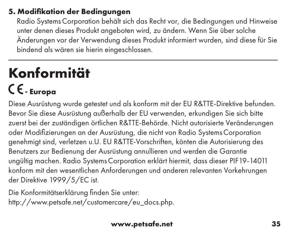 Konformität | Petsafe Stay+Play Wireless Fence™ Stubborn Dog Add-A-Dog® Extra Receiver Collar User Manual | Page 35 / 40