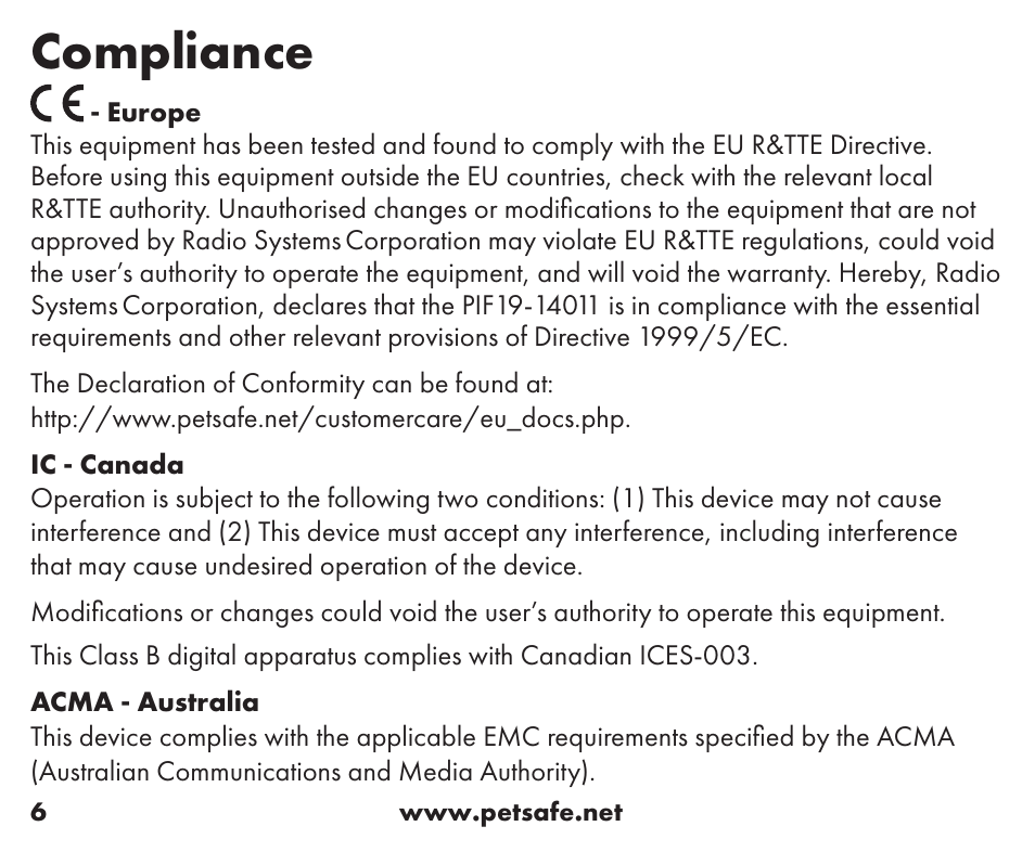 Compliance | Petsafe Stay+Play Wireless Fence™ Stubborn Dog Add-A-Dog® Extra Receiver Collar User Manual | Page 6 / 40