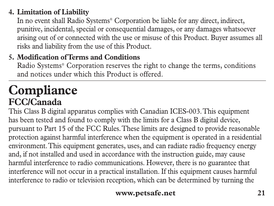 Compliance, Fcc/canada | Petsafe Stubborn Dog Add-A-Dog® Extra Receiver Collar User Manual | Page 21 / 24