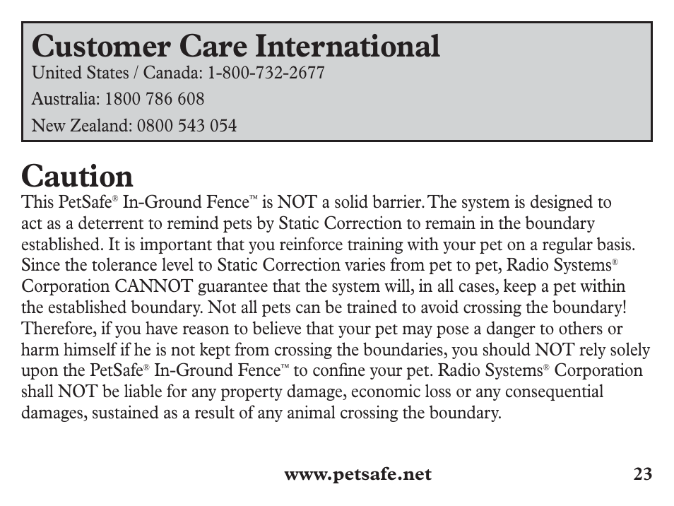 Customer care international, Caution | Petsafe Stubborn Dog Add-A-Dog® Extra Receiver Collar User Manual | Page 23 / 24