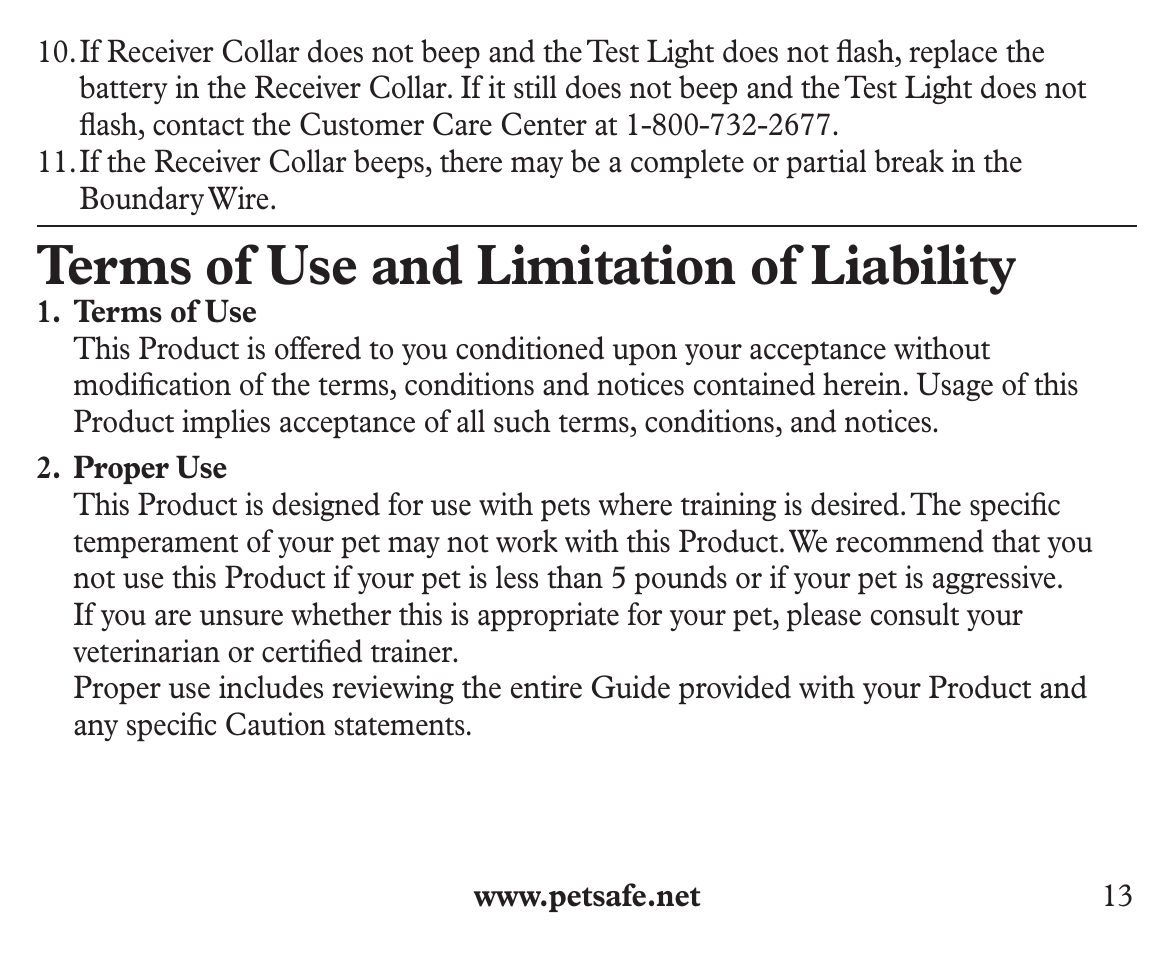 Terms of use and limitation of liability | Petsafe Ultralight™ Add-A-Dog® Extra Receiver Collar User Manual | Page 13 / 20