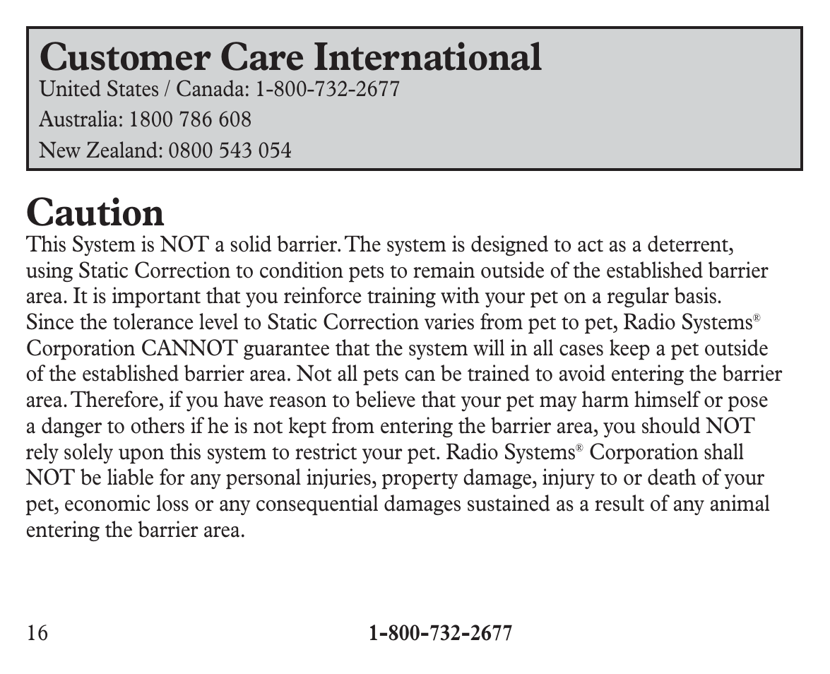 Customer care international, Caution | Petsafe Ultralight™ Add-A-Dog® Extra Receiver Collar User Manual | Page 16 / 20