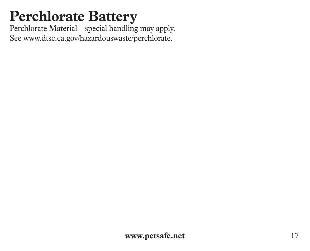 Perchlorate battery | Petsafe Ultralight™ Add-A-Dog® Extra Receiver Collar User Manual | Page 17 / 20